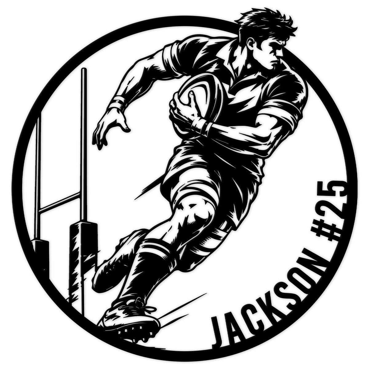 Rugby player carrying the ball and kicking toward goalposts in a bold circular metal sign design