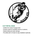 Cut metal rugby sign featuring a dynamic player, oval ball, goalposts, and dramatic black silhouette artwork