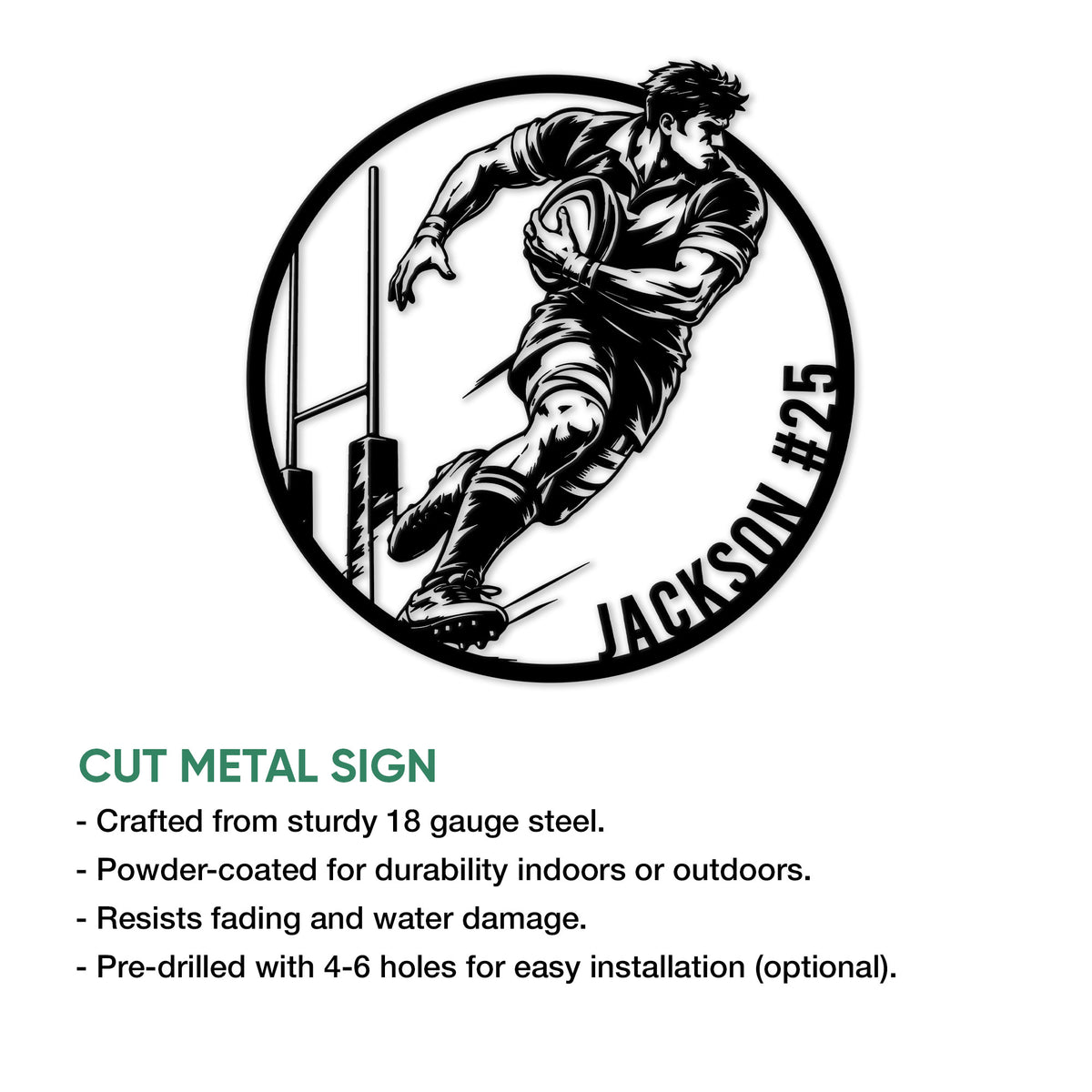Cut metal rugby sign featuring a dynamic player, oval ball, goalposts, and dramatic black silhouette artwork