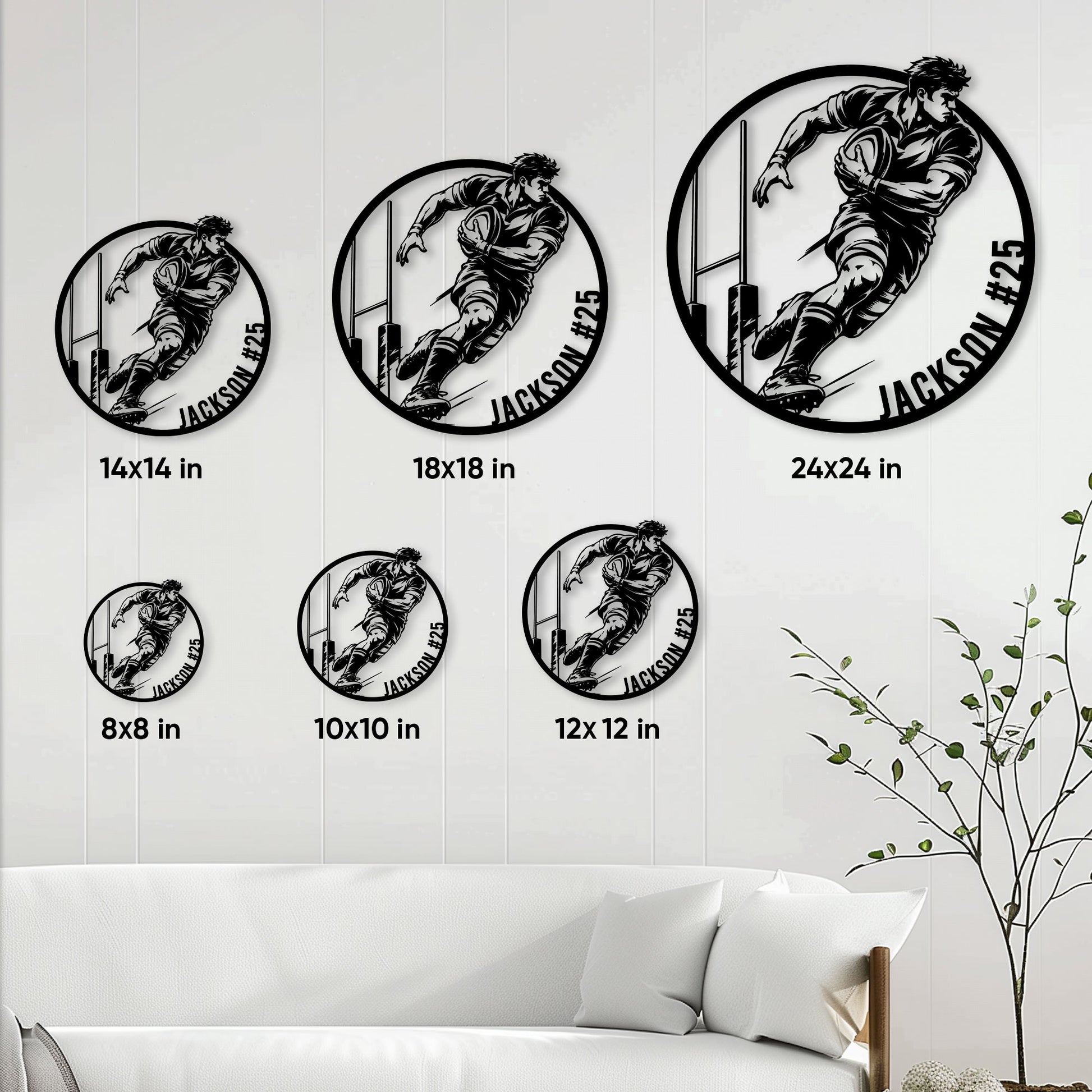 Rugby metal sign size guide showing six circular size options from 8 by 8 to 24 by 24 inches