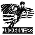 Rugby player metal sign featuring an action silhouette, rugby ball, flag-inspired background, and custom design