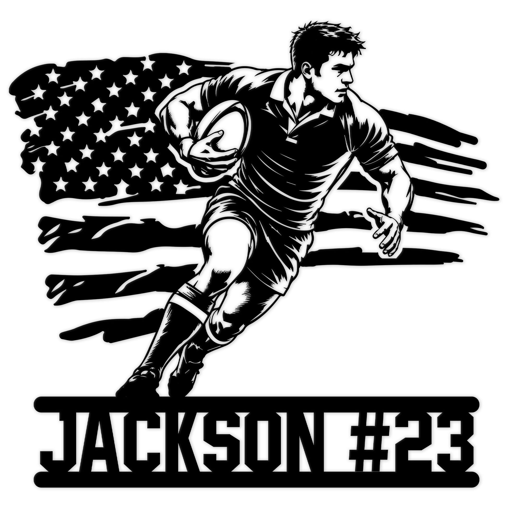 Rugby player metal sign featuring an action silhouette, rugby ball, flag-inspired background, and custom design
