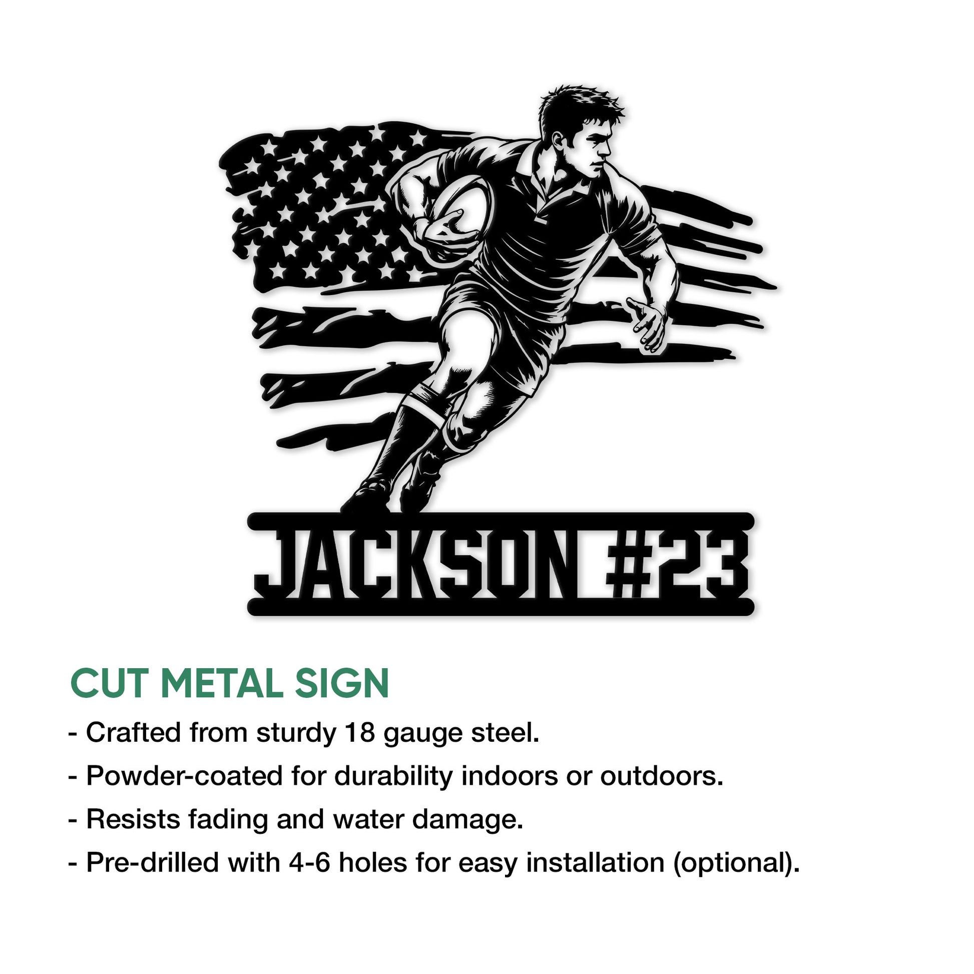 Rugby metal sign feature graphic showing the action player design and cut metal sign presentation