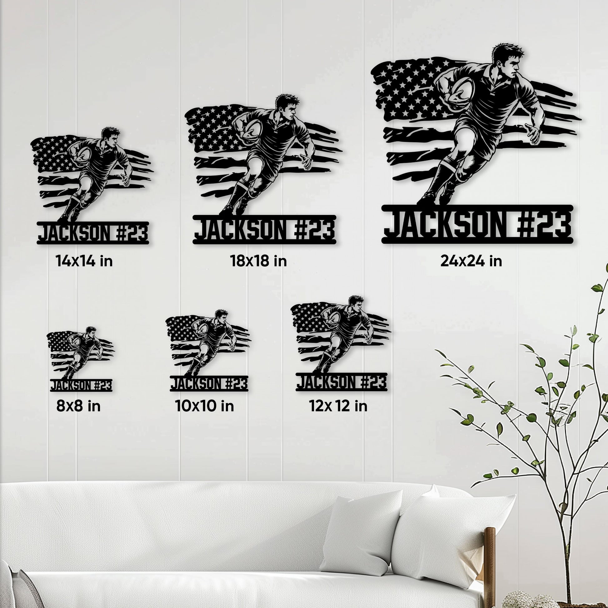 Rugby metal sign size guide showing multiple square size options displayed on a paneled wall