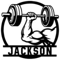 Bold bulldog lifting a loaded barbell in a custom weightlifting metal sign design