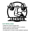 Weightlifting bulldog metal sign shown in a cut-metal product feature infographic