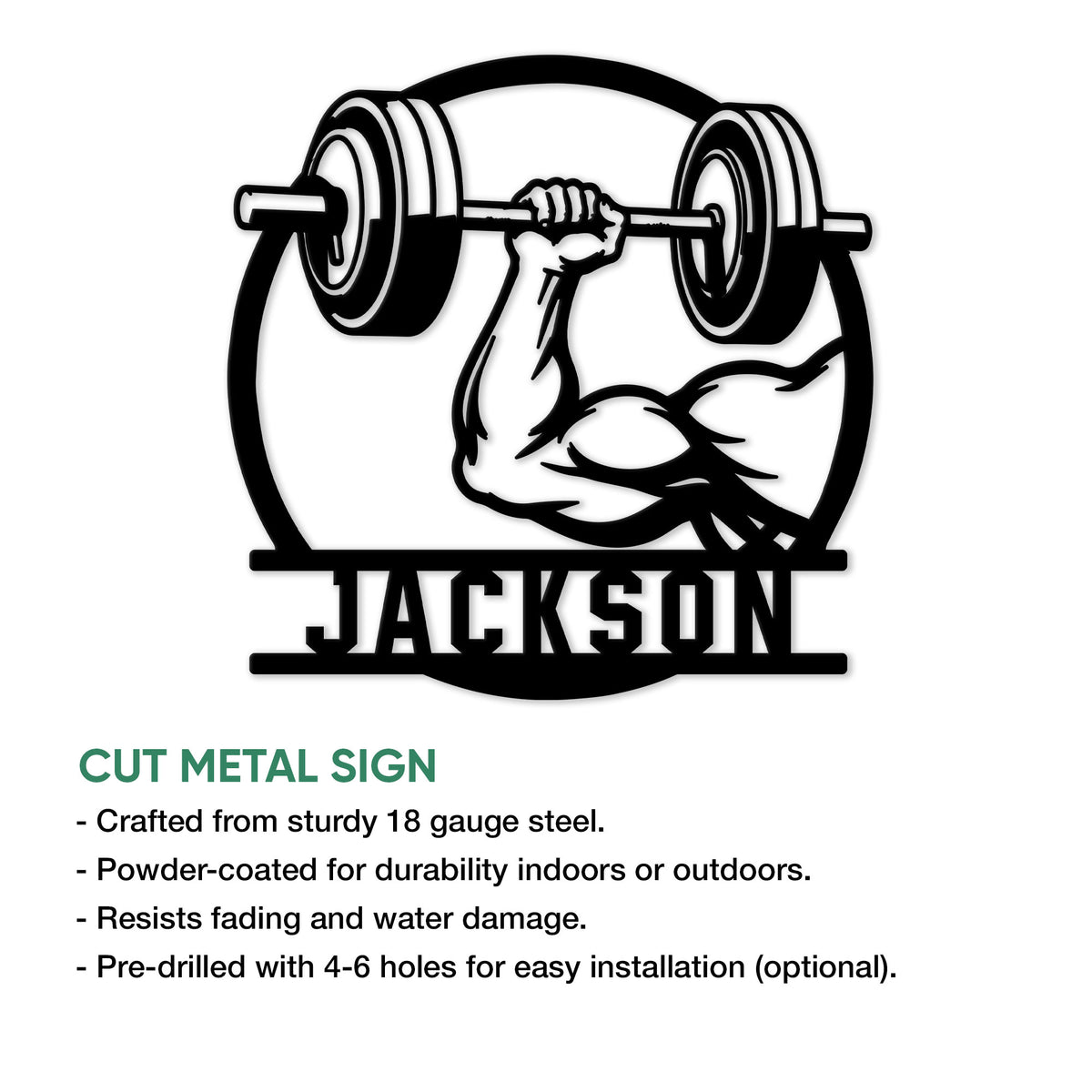 Weightlifting bulldog metal sign shown in a cut-metal product feature infographic