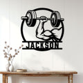 Custom bulldog weightlifting metal sign displayed as gym-inspired wall decor