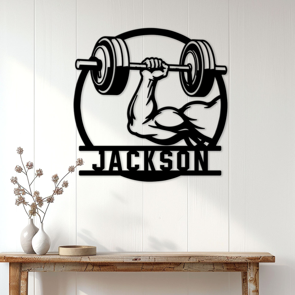 Custom bulldog weightlifting metal sign displayed as gym-inspired wall decor