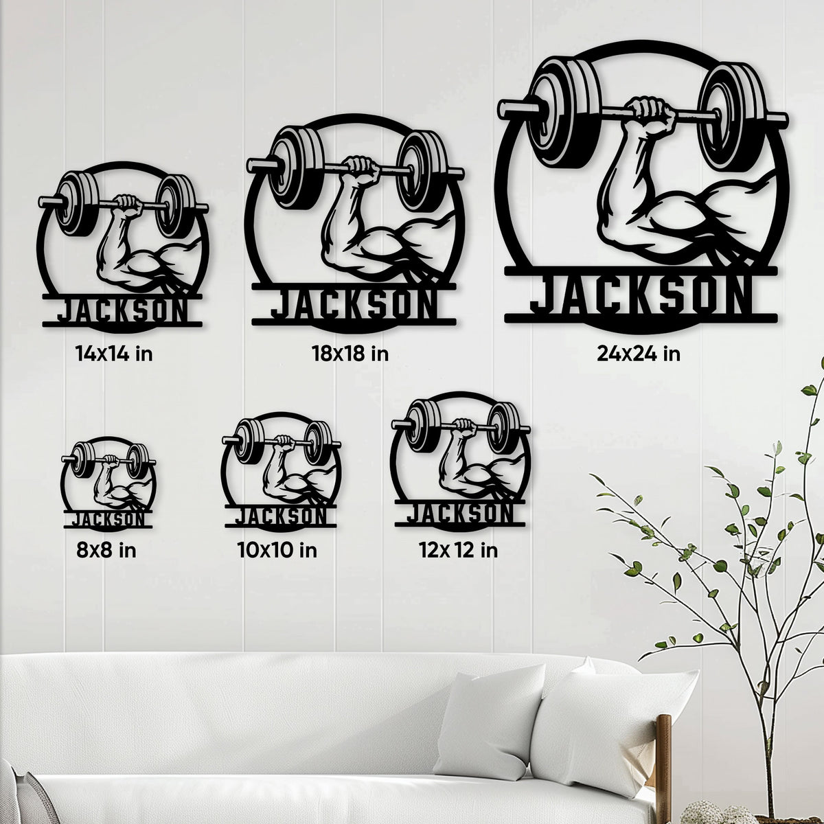 Weightlifting bulldog metal sign shown in multiple size options on a home wall