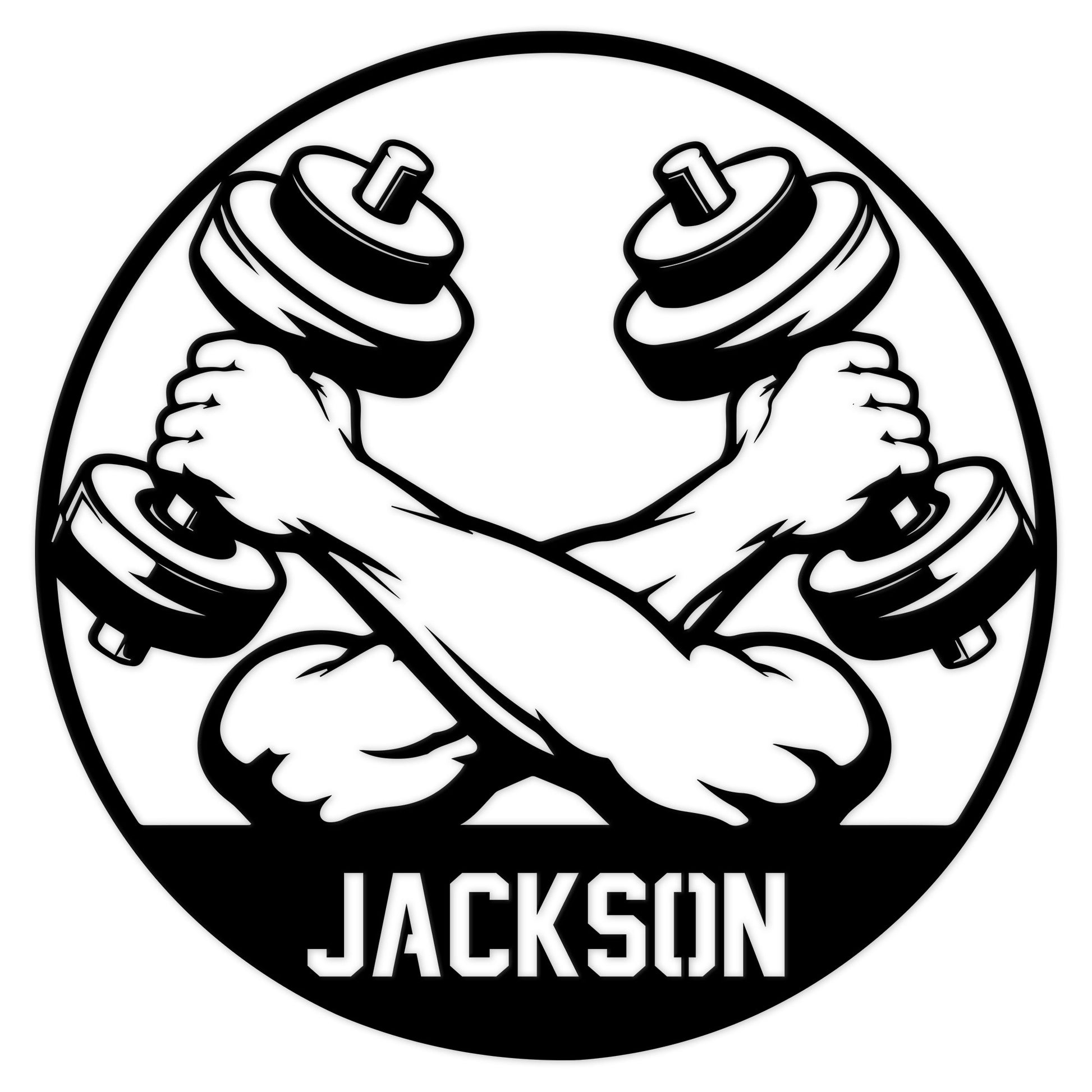 Weightlifting metal sign featuring crossed muscular arms lifting four dumbbells in a bold circular design