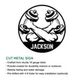Cut metal weightlifting sign featuring crossed arms, dumbbells, and a strong circular gym design