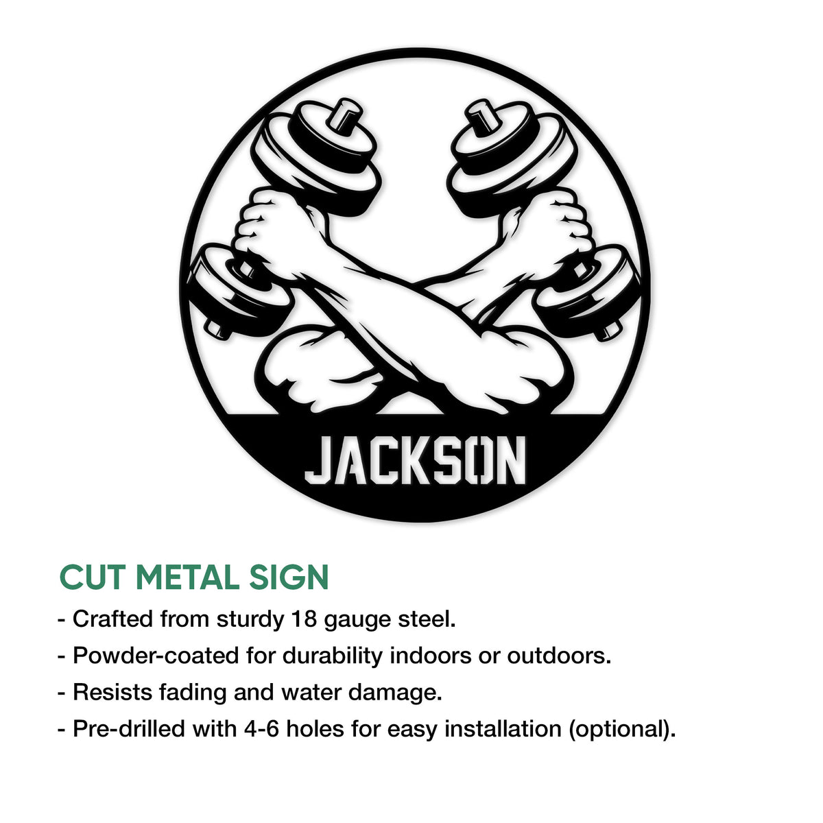 Cut metal weightlifting sign featuring crossed arms, dumbbells, and a strong circular gym design