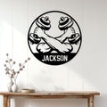 Weightlifting metal wall sign displayed on a bright paneled wall above a rustic console table