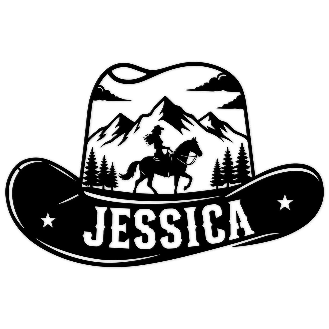Custom cowgirl metal sign featuring a horseback rider in a cowboy hat, mountain scenery, and Western silhouette art