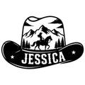 Custom cowgirl metal sign featuring a horseback rider in a cowboy hat, mountain scenery, and Western silhouette art