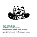 Cowgirl cut metal sign shown with product feature details and a horseback rider mountain design