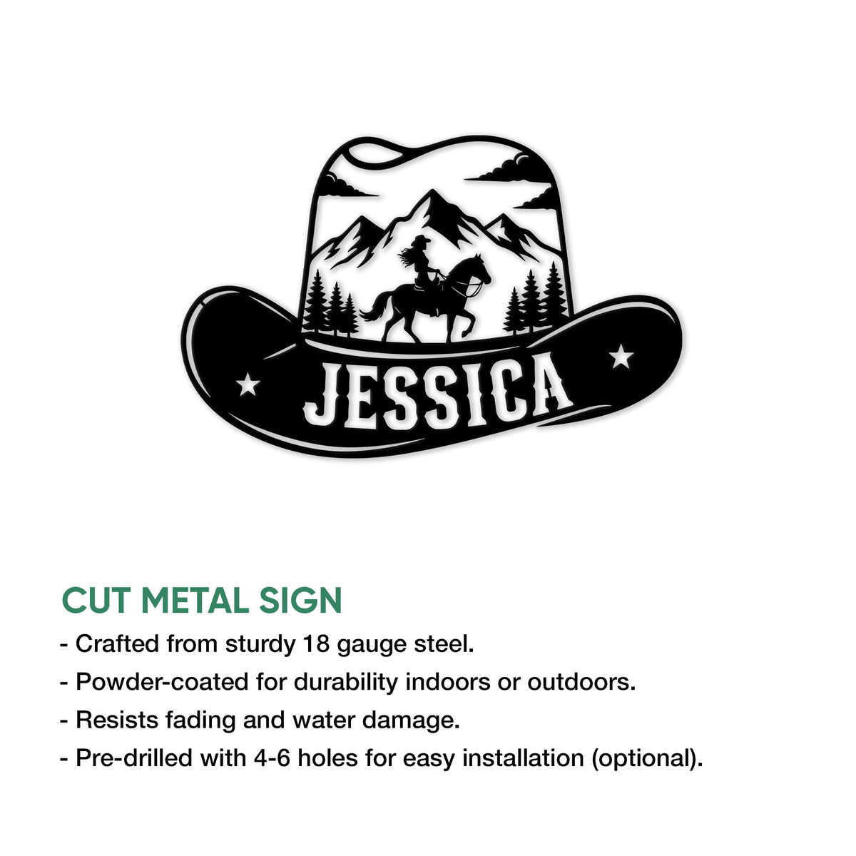 Cowgirl cut metal sign shown with product feature details and a horseback rider mountain design