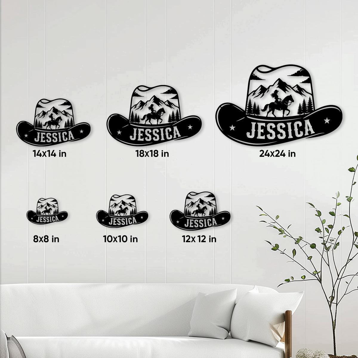 Cowgirl metal sign size guide showing 8, 10, 12, 14, 18, and 24 inch options