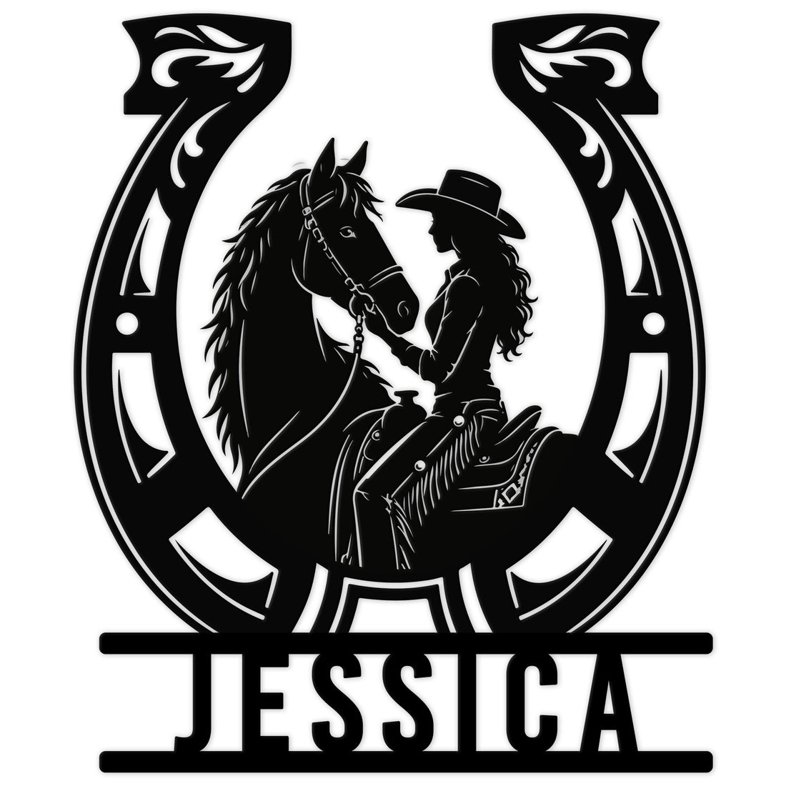 Black cowgirl and horse silhouette framed by a horseshoe on a custom metal sign