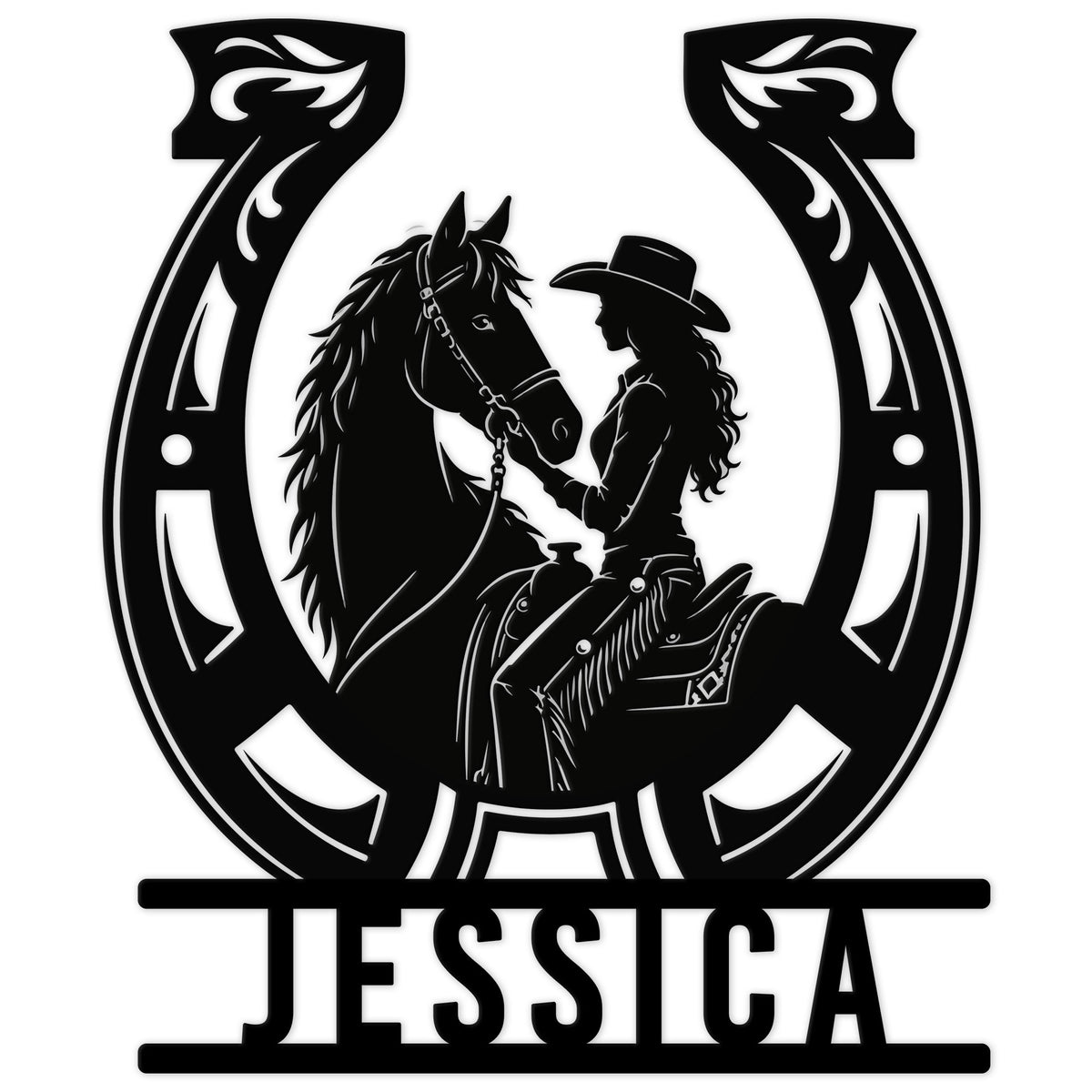 Black cowgirl and horse silhouette framed by a horseshoe on a custom metal sign