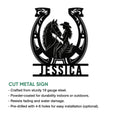 Cowgirl horse horseshoe metal sign shown with a cut metal sign feature guide