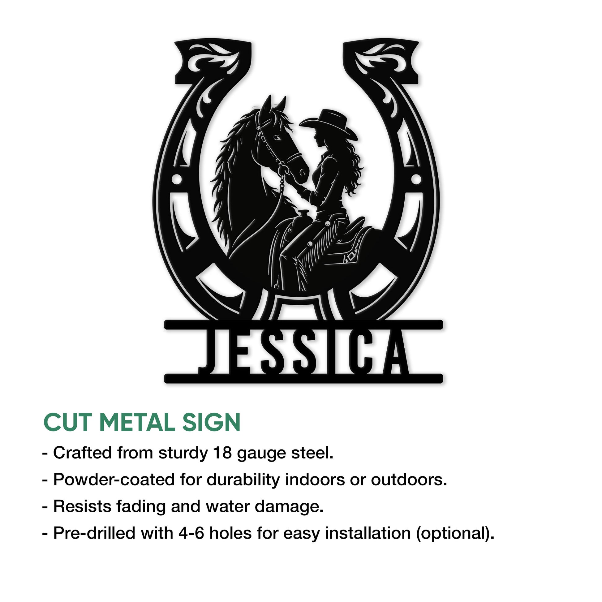 Cowgirl horse horseshoe metal sign shown with a cut metal sign feature guide