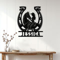 Cowgirl riding horse metal sign displayed as western wall decor in a bright home