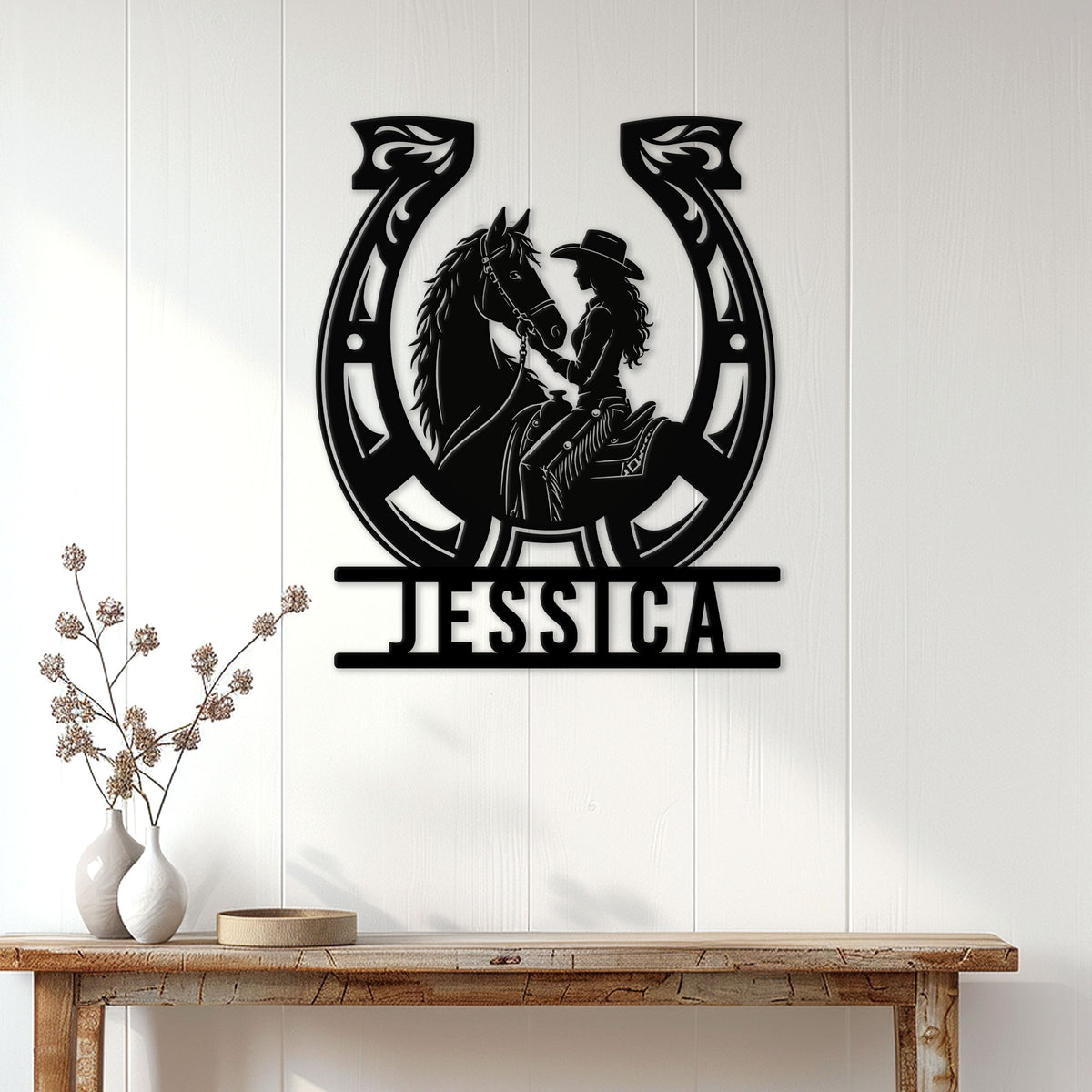Cowgirl riding horse metal sign displayed as western wall decor in a bright home
