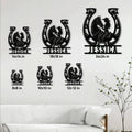 Cowgirl horseshoe metal sign size guide showing options from 8x8 to 24x24 inches