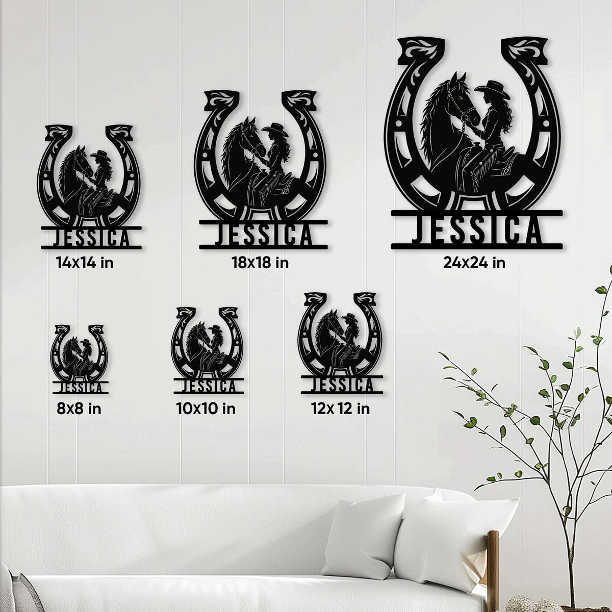 Cowgirl horseshoe metal sign size guide showing options from 8x8 to 24x24 inches