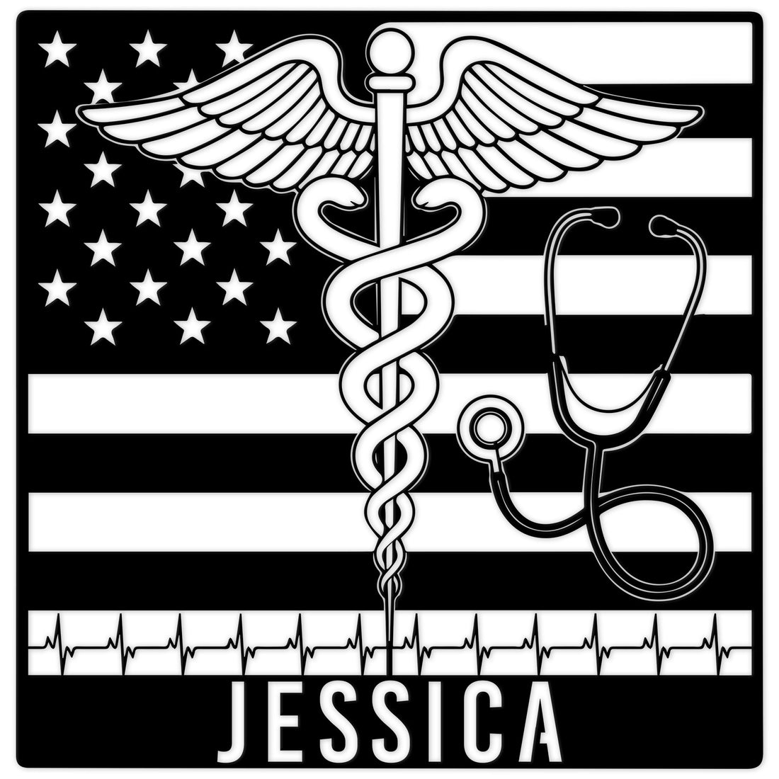 Custom nurse metal sign featuring a winged medical emblem, stethoscope, heartbeat line, and American flag design
