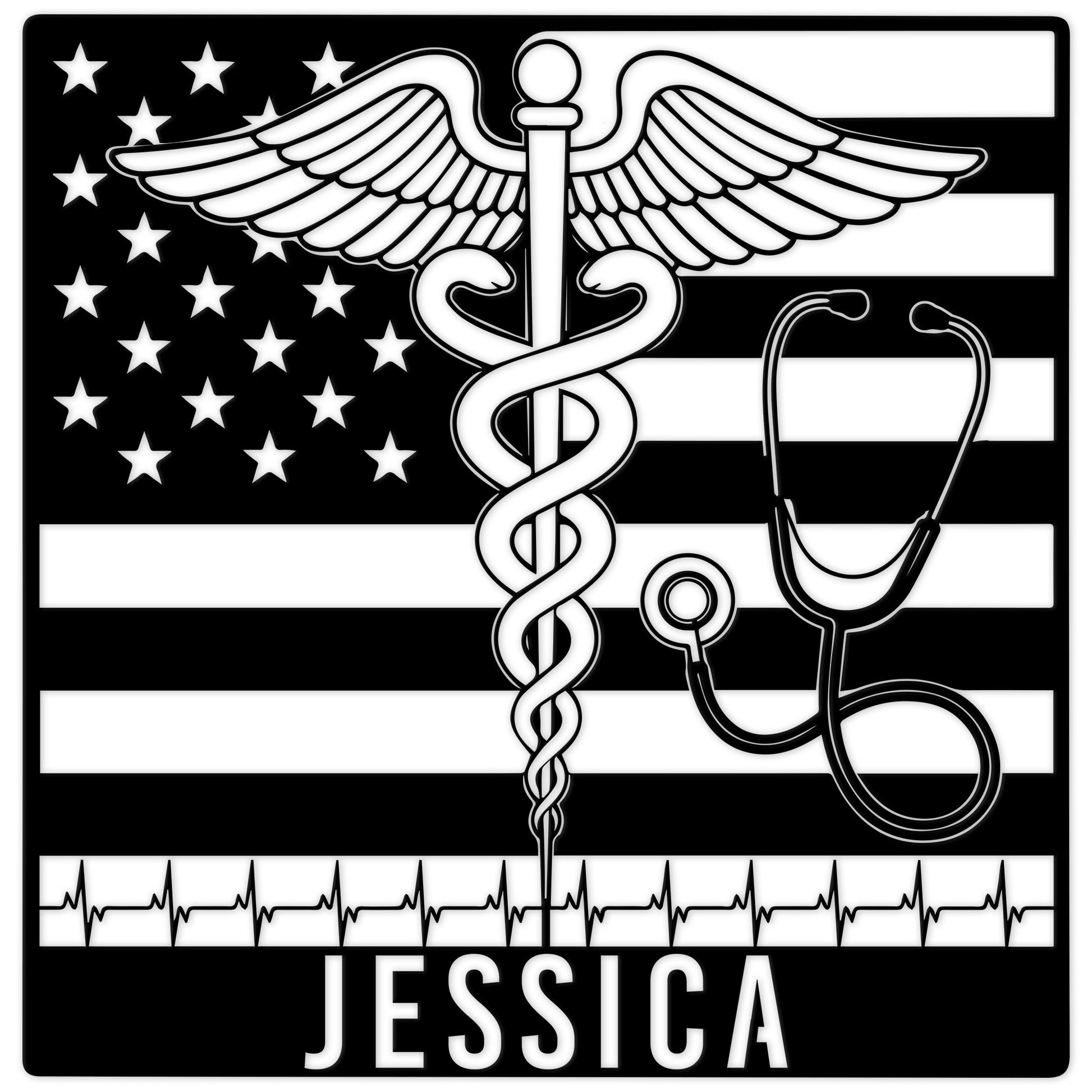 Custom nurse metal sign featuring a winged medical emblem, stethoscope, heartbeat line, and American flag design