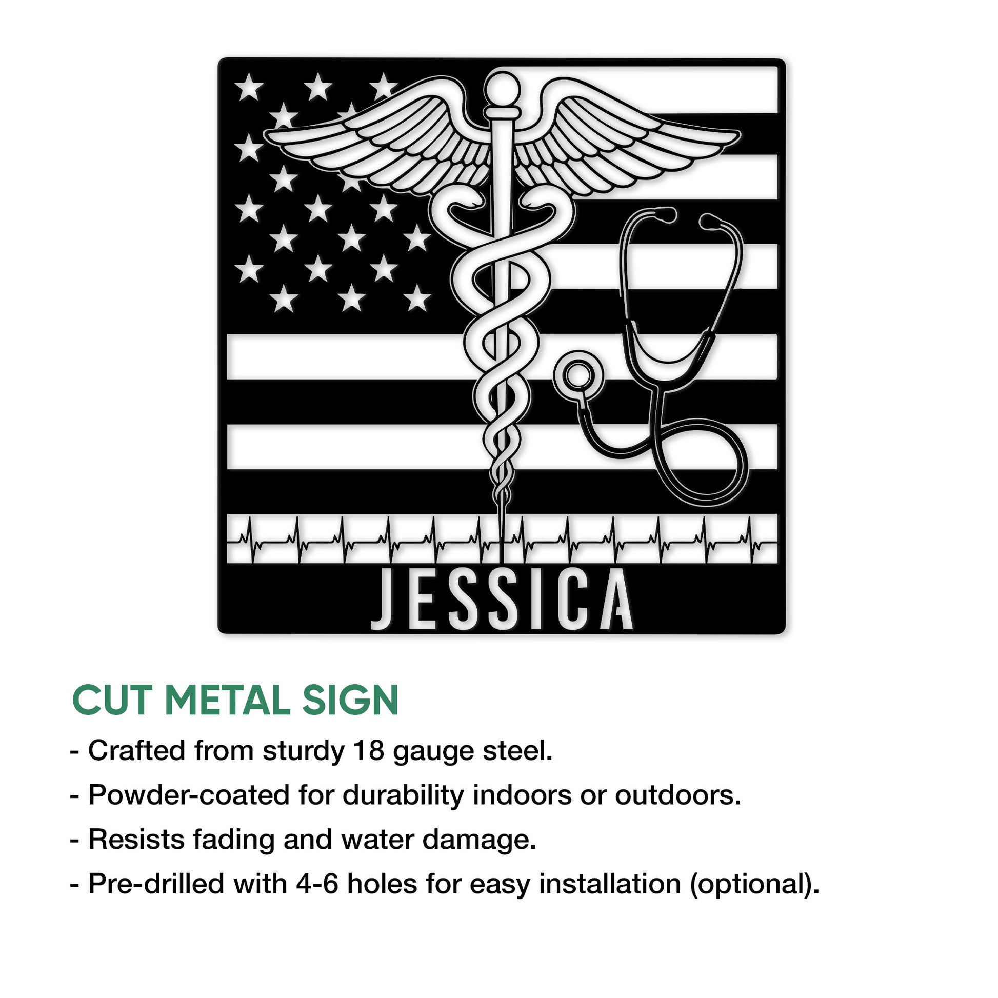 Nurse metal sign feature graphic highlighting the cut metal design and indoor or outdoor display use