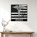 Nurse wall decor displayed above a console table, showing the patriotic medical emblem and stethoscope artwork
