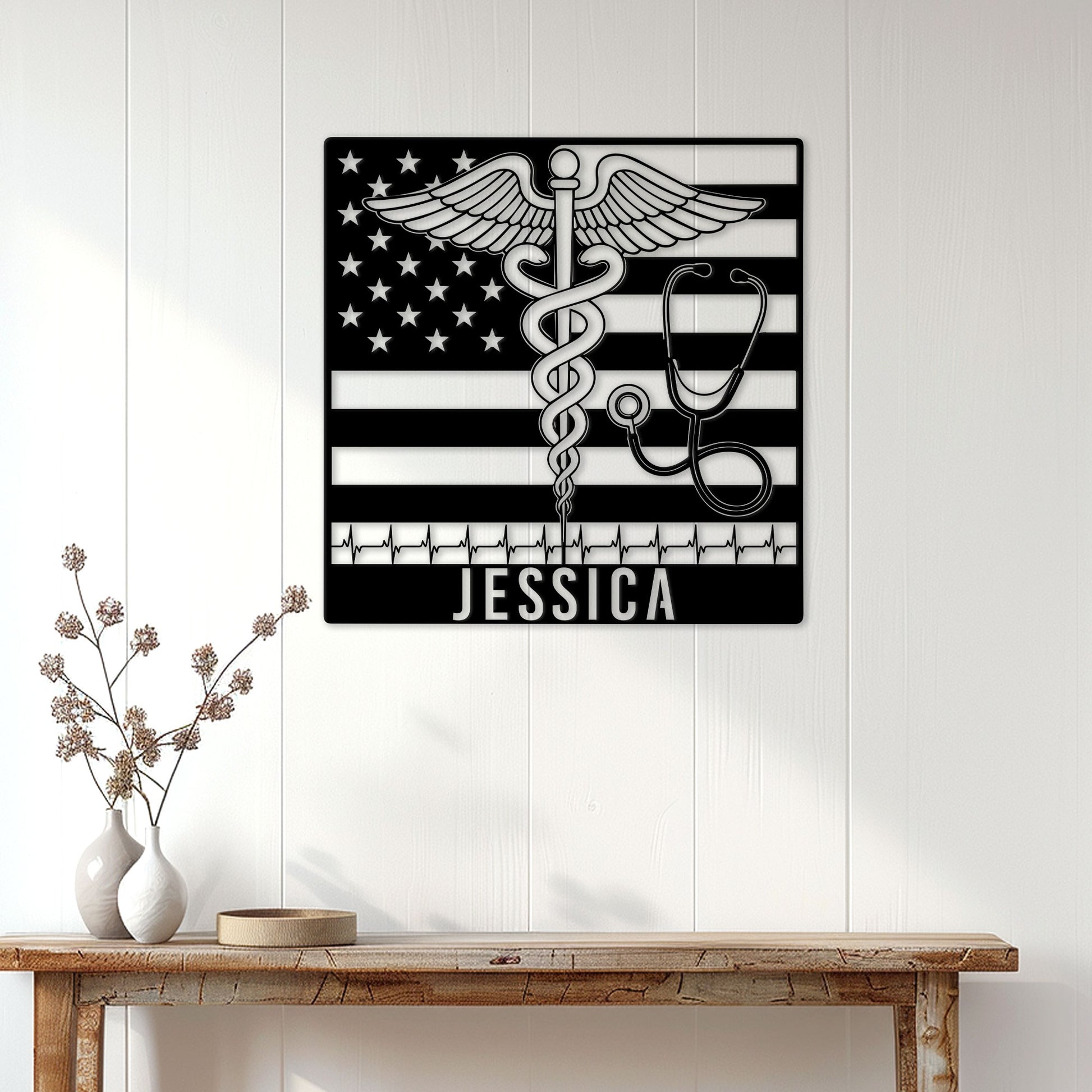 Nurse wall decor displayed above a console table, showing the patriotic medical emblem and stethoscope artwork