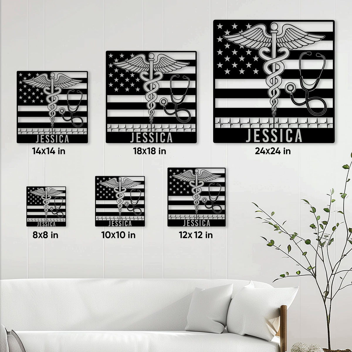 Nurse metal sign size guide showing square display options from 8 by 8 inches to 24 by 24 inches
