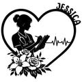 Heart-shaped nurse metal sign with a stethoscope, clipboard, floral bouquet, and heartbeat line