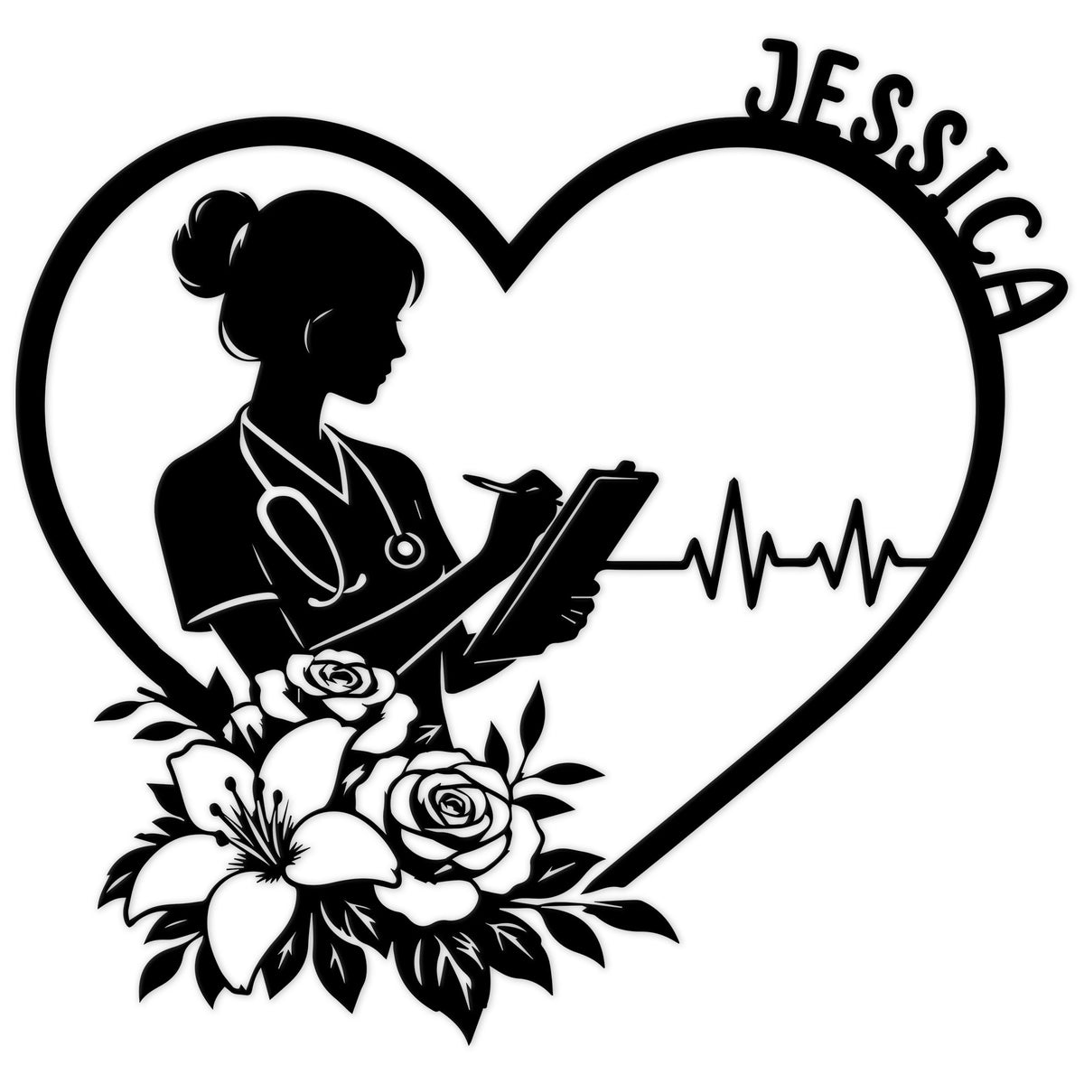 Heart-shaped nurse metal sign with a stethoscope, clipboard, floral bouquet, and heartbeat line