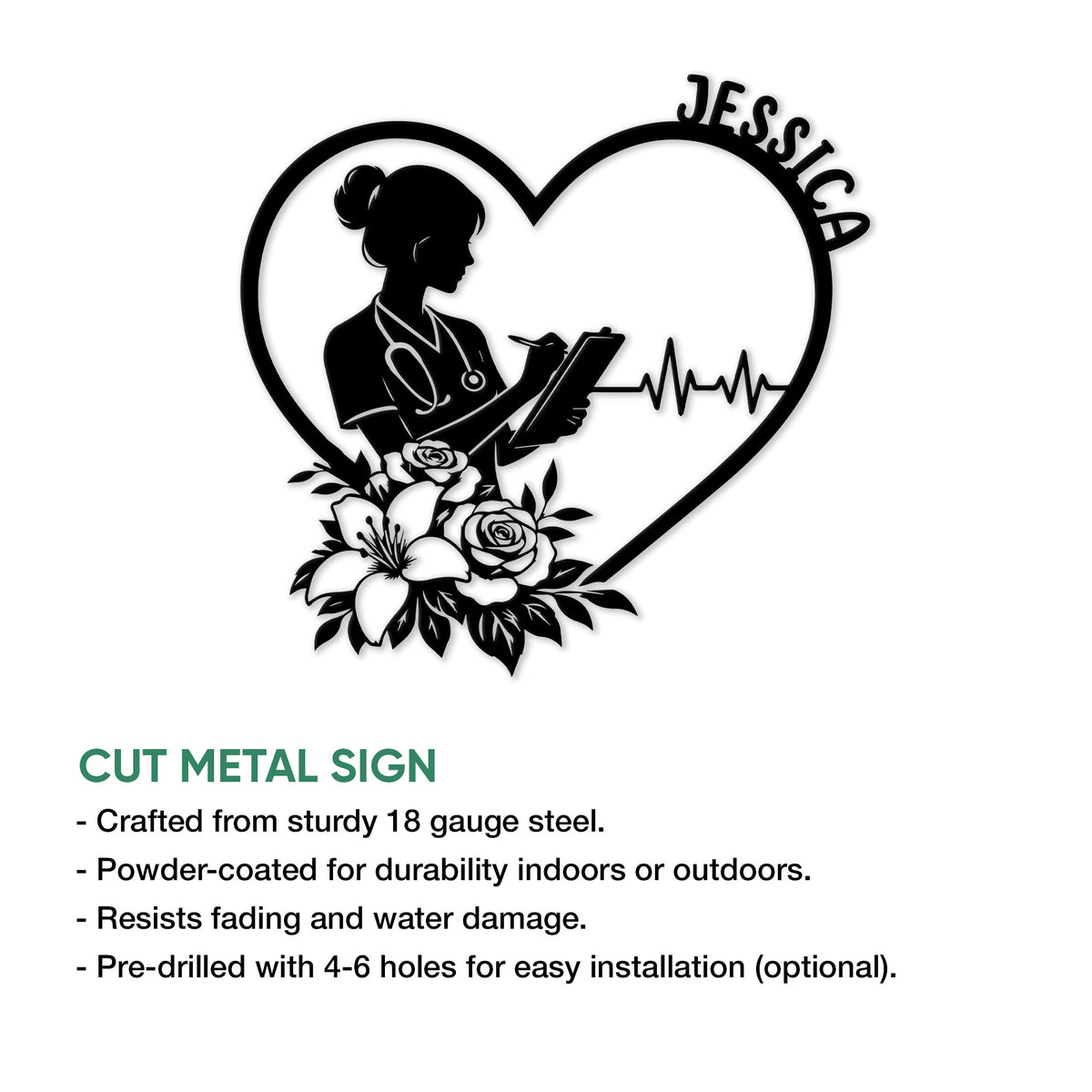 Cut metal nurse sign featuring a heart outline, medical silhouette, flowers, and ECG heartbeat detail