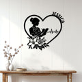 Nurse heart metal wall sign displayed on a white paneled wall above a wood console