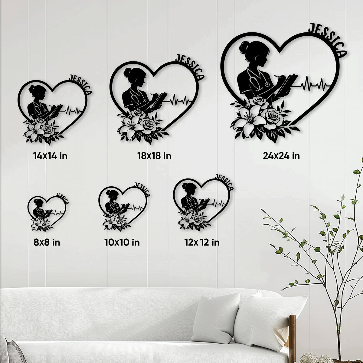 Nurse heart metal sign size guide showing six square size options from 8 by 8 to 24 by 24 inches