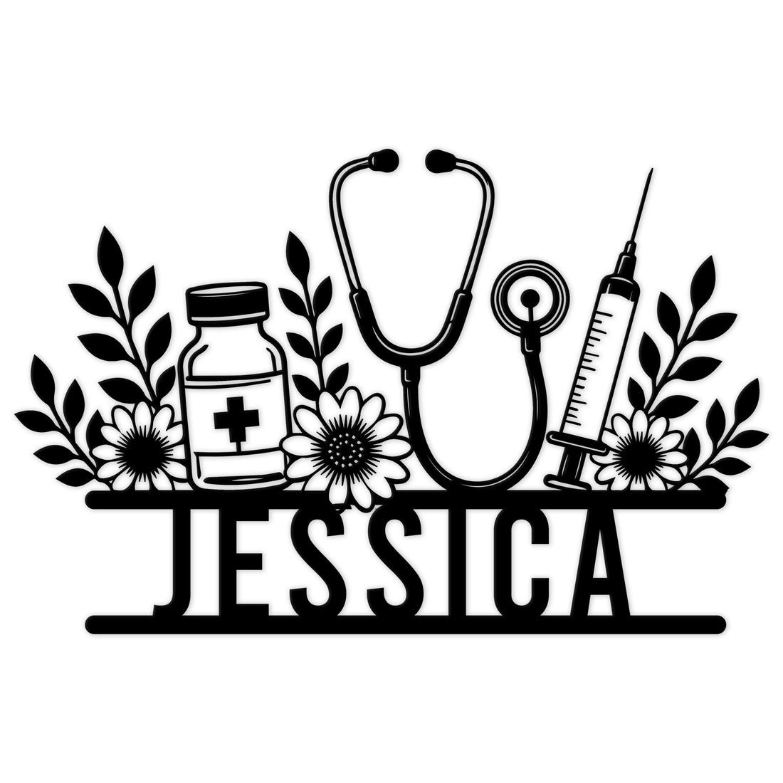 Custom nurse metal sign featuring a stethoscope, syringe, medicine bottle, medical cross, and floral accents