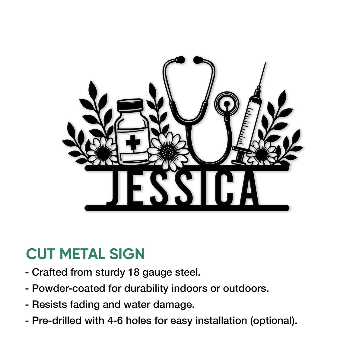 Nurse metal sign feature graphic showing the floral medical design and available cut sign presentation