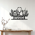 Nurse metal wall sign displayed on a white paneled wall above a rustic console table
