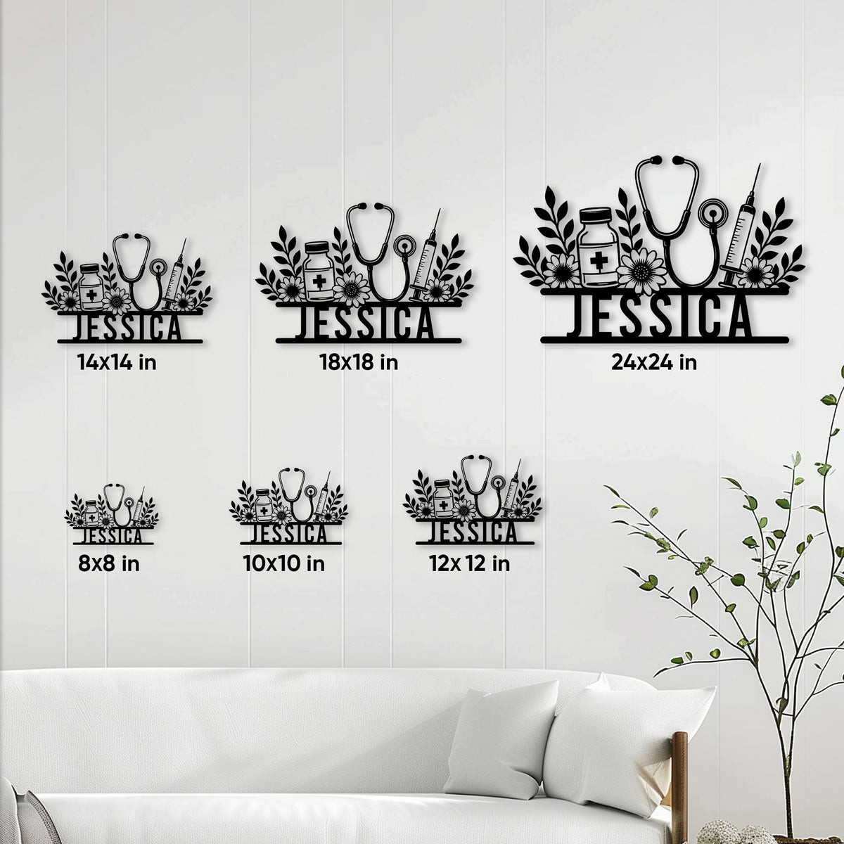 Nurse metal sign size guide displaying six square size options in a bright home interior