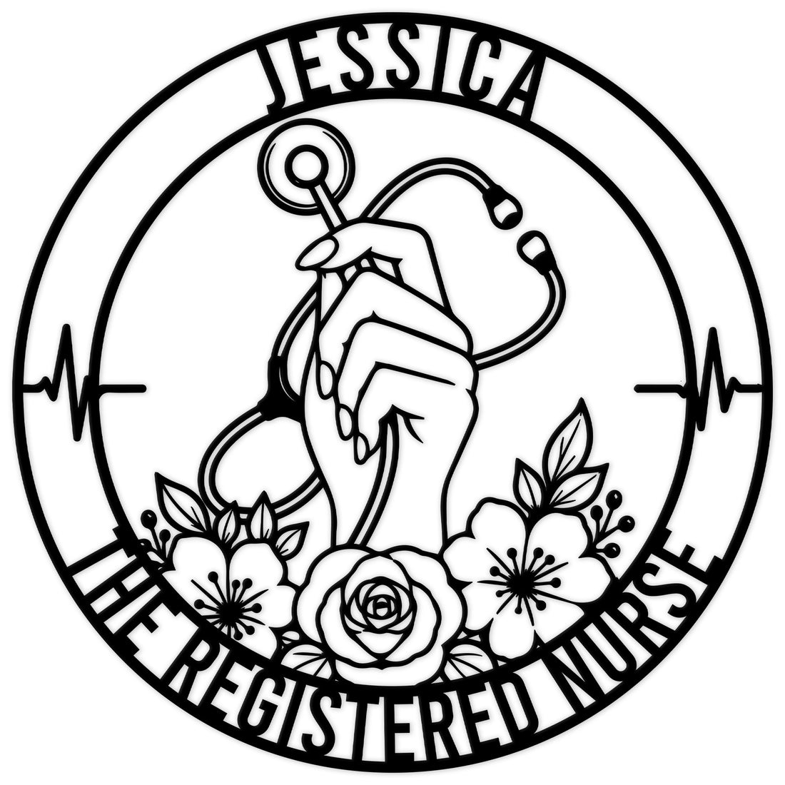 Round nurse metal sign featuring a hand holding a stethoscope, heartbeat line, and floral accents