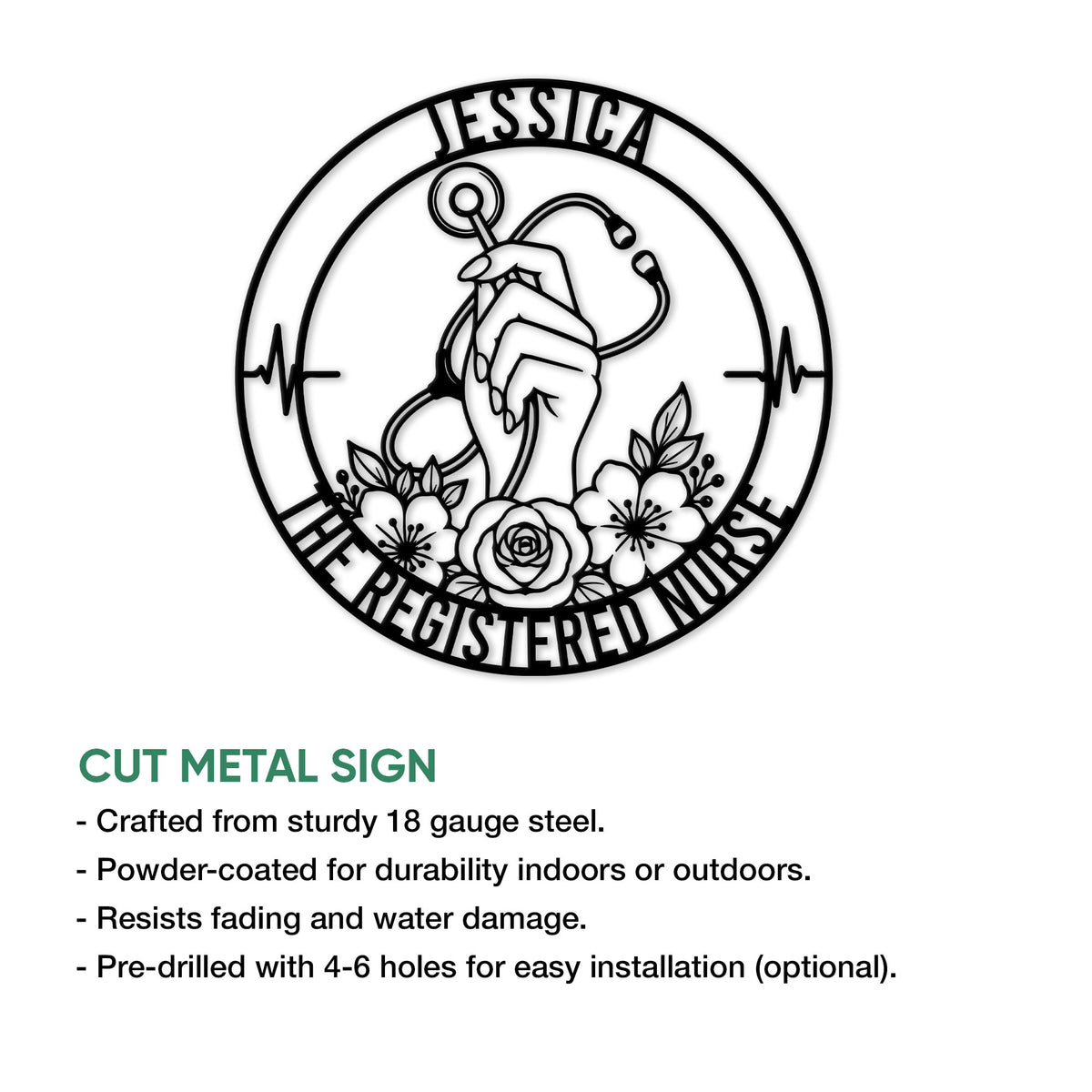 Nurse metal sign product infographic showing the circular floral stethoscope design and cut metal construction