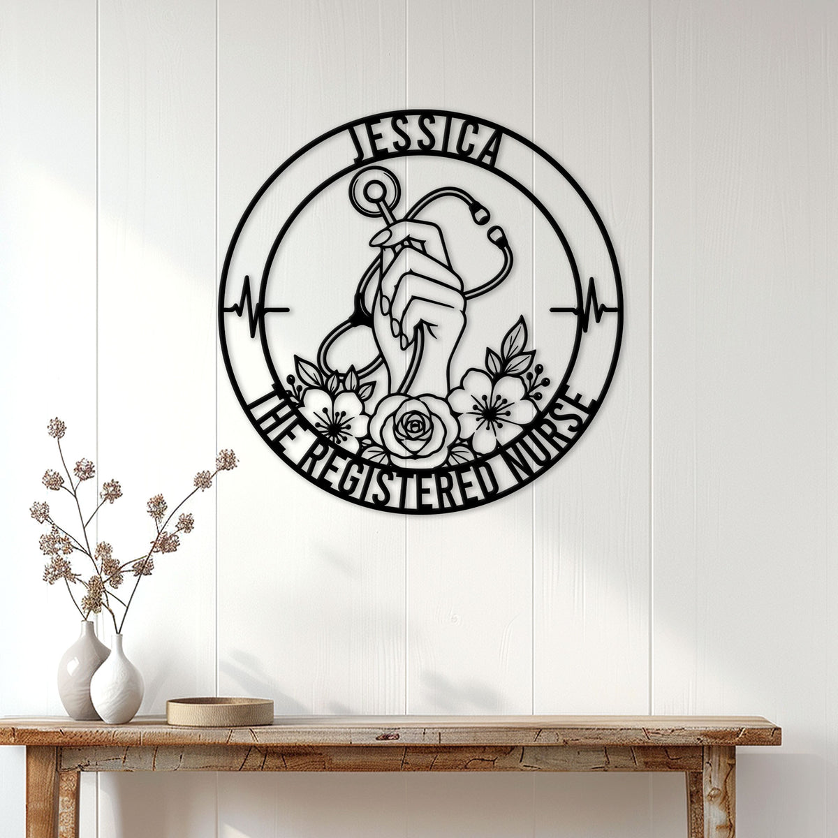 Nurse wall sign displayed on a white paneled wall above a console table in a bright home interior