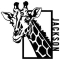 Black cut-metal sign featuring a detailed giraffe portrait with bold geometric framing